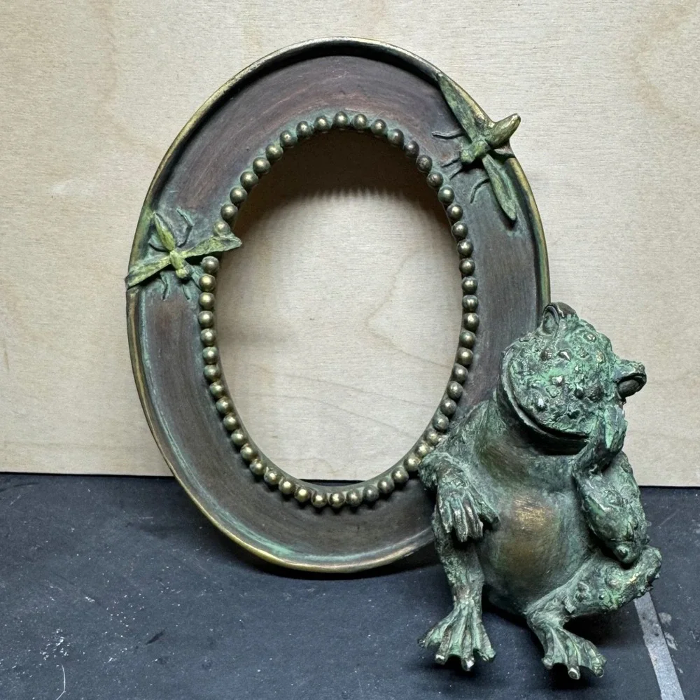 Vintage Style Bronze Toad Frog Dragonfly Oval Picture Frame Verdigris Patina